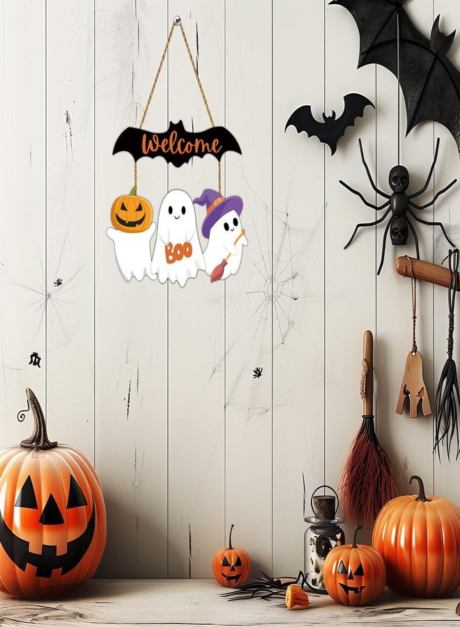 YUNKKIN Halloween Door Decorations Cute Ghost Decor Wreath Bat Welcome Sign Wooden Front Door Hanger Bat Ghost Hanging Sign Wreath for Wall Indoor Home Decor - Image 4